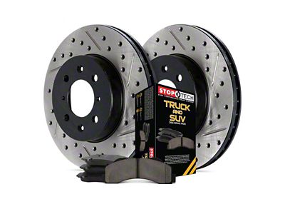 StopTech Truck Axle Slotted and Drilled 8-Lug Brake Rotor and Pad Kit; Rear (11-10/21/12 4WD F-350 Super Duty DRW)