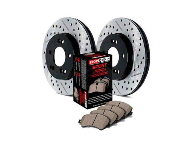 StopTech Sport Axle Slotted and Drilled 5-Lug Brake Rotor and Pad Kit; Front (06-18 RAM 1500, Excluding SRT-10 & Mega Cab)