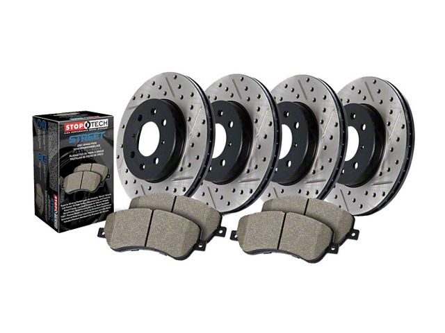 StopTech Street Axle Drilled and Slotted 8-Lug Brake Rotor and Pad Kit; Front and Rear (09-18 RAM 3500)