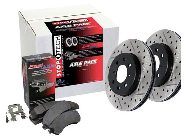 StopTech Street Axle Drilled and Slotted 8-Lug Brake Rotor and Pad Kit; Rear (16-19 Sierra 3500 HD SRW)