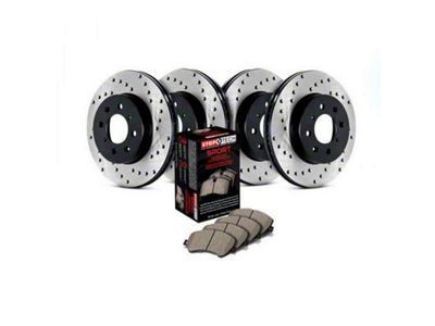 StopTech Sport Axle Drilled 8-Lug Brake Rotor and Pad Kit; Front and Rear (07-10 Silverado 3500 HD DRW)