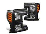 Headlights with Amber Corners; Black Housing; Clear Lens (17-19 F-250 Super Duty w/ Factory Halogen Headlights)