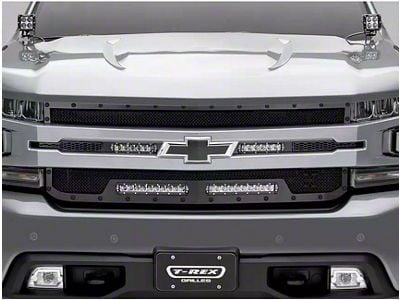 T-REX Grilles Stealth Torch Series Upper Replacement Grille with 6 and 10-Inch LED Light Bars; Black (19-21 Silverado 1500 LT, LT Trail Boss, LTZ, RST; 2022 Silverado 1500 LTD LT, LT Trail Boss, LTZ, RST)