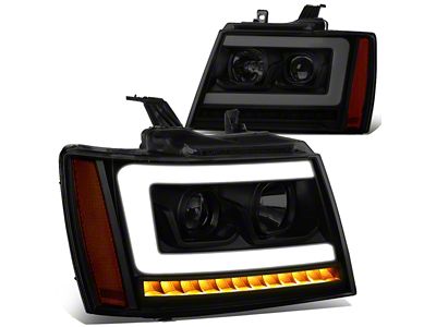 C-Bar LED DRL Headlights with Amber Corners; Black Housing; Smoked Lens (07-14 Tahoe)