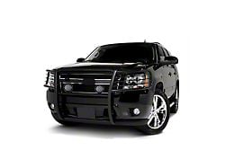 Grille Guard with 5.30-Inch Black Round Flood LED Lights; Black (07-14 Tahoe, Excluding Hybrid)