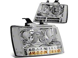 Headlights with Clear Corners, LED DRL and Turn Signals; Chrome Housing; Clear Lens (07-14 Tahoe)