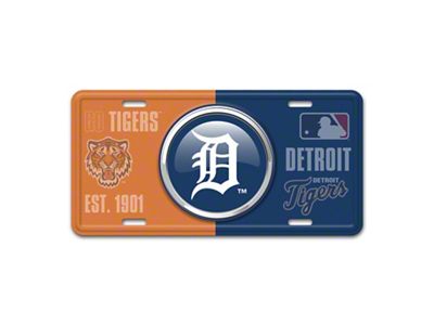 Embossed Metal License Plate with Detroit Tigers Logo; Orange / Navy (Universal; Some Adaptation May Be Required)