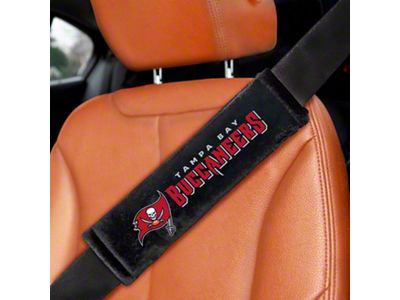 Embroidered Seatbelt Pads with Tampa Bay Buccaneers Logo; Black (Universal; Some Adaptation May Be Required)