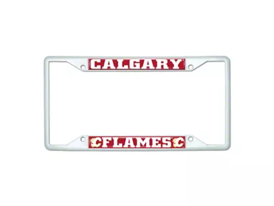 License Plate Frame with Calgary Flames; White (Universal; Some Adaptation May Be Required)